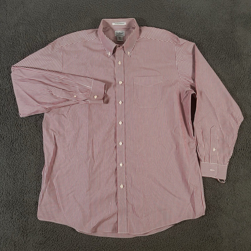 L.L. Bean Shirt Mens 17.5‎ Red Striped Button Down Long Sleeve